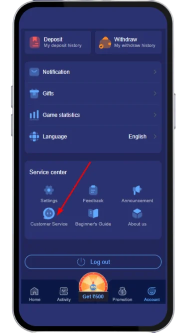 Click on the customer service option in the account section